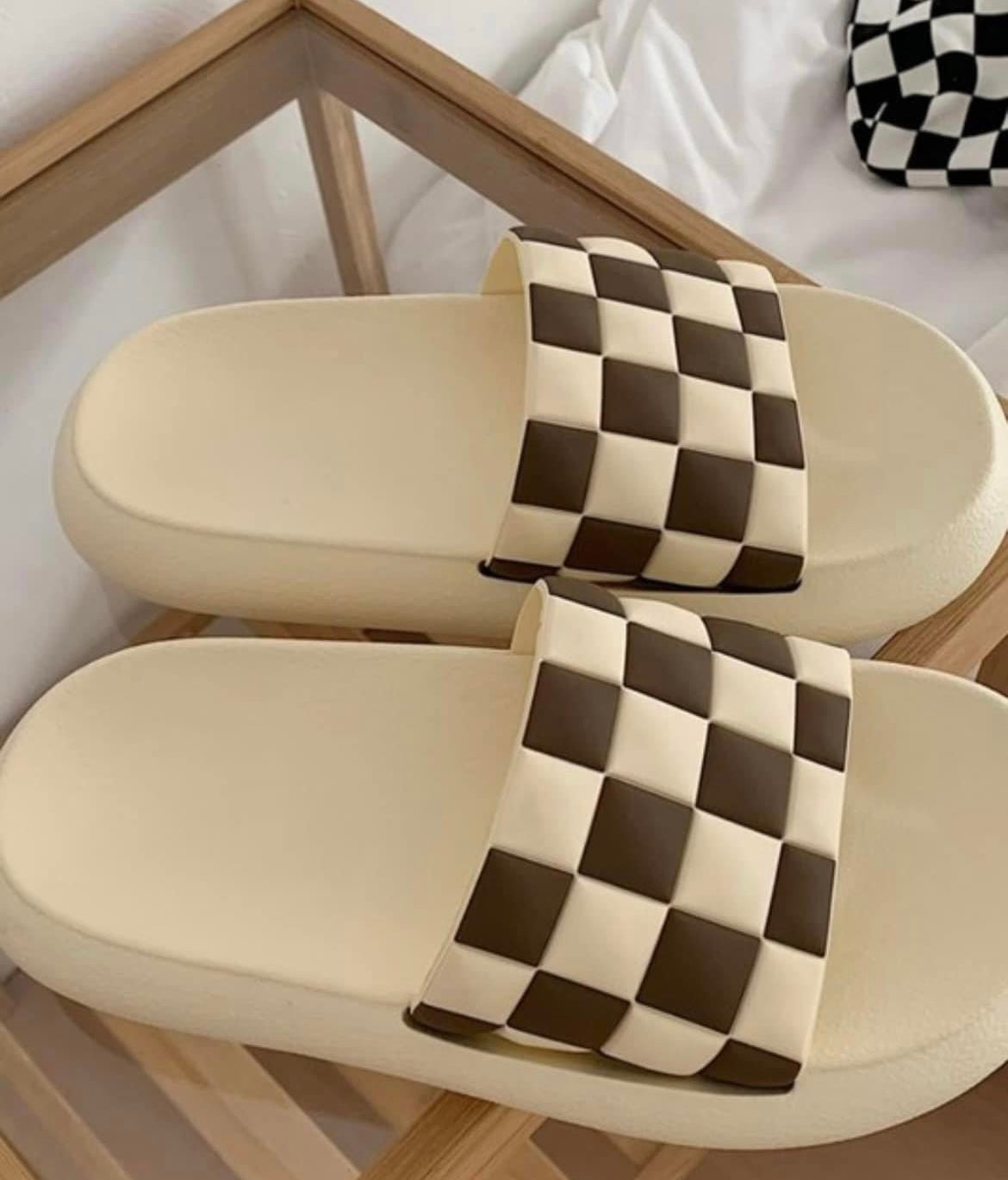 Checkered Slides in Cream