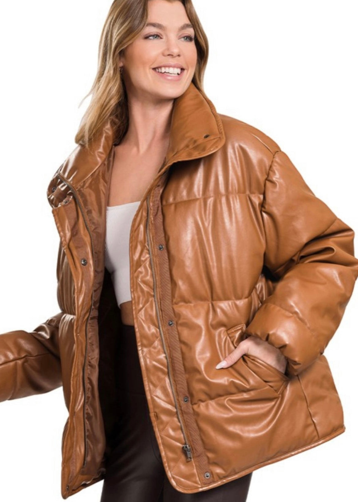 Curvy Leather Puffer Coat