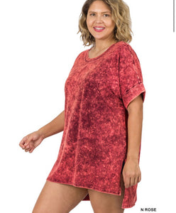 Curvy Mineral Wash Side Slit Tee in Rose