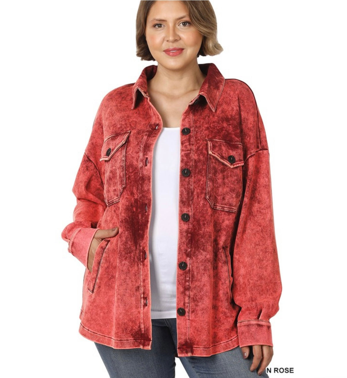 Curvy Mineral Wash Button Down Jacket